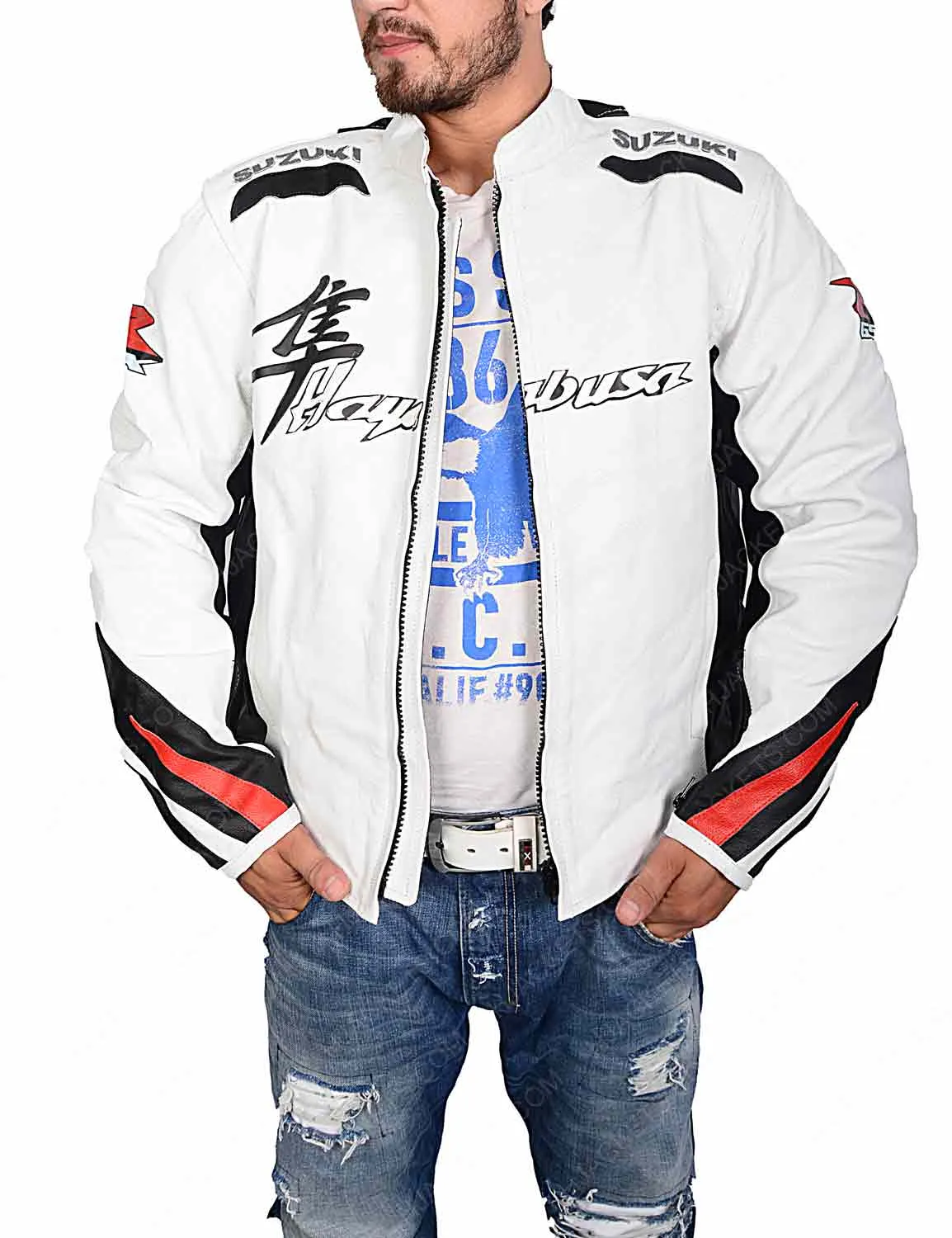 Suzuki Hayabusa White Leather Motorcycle Jacket