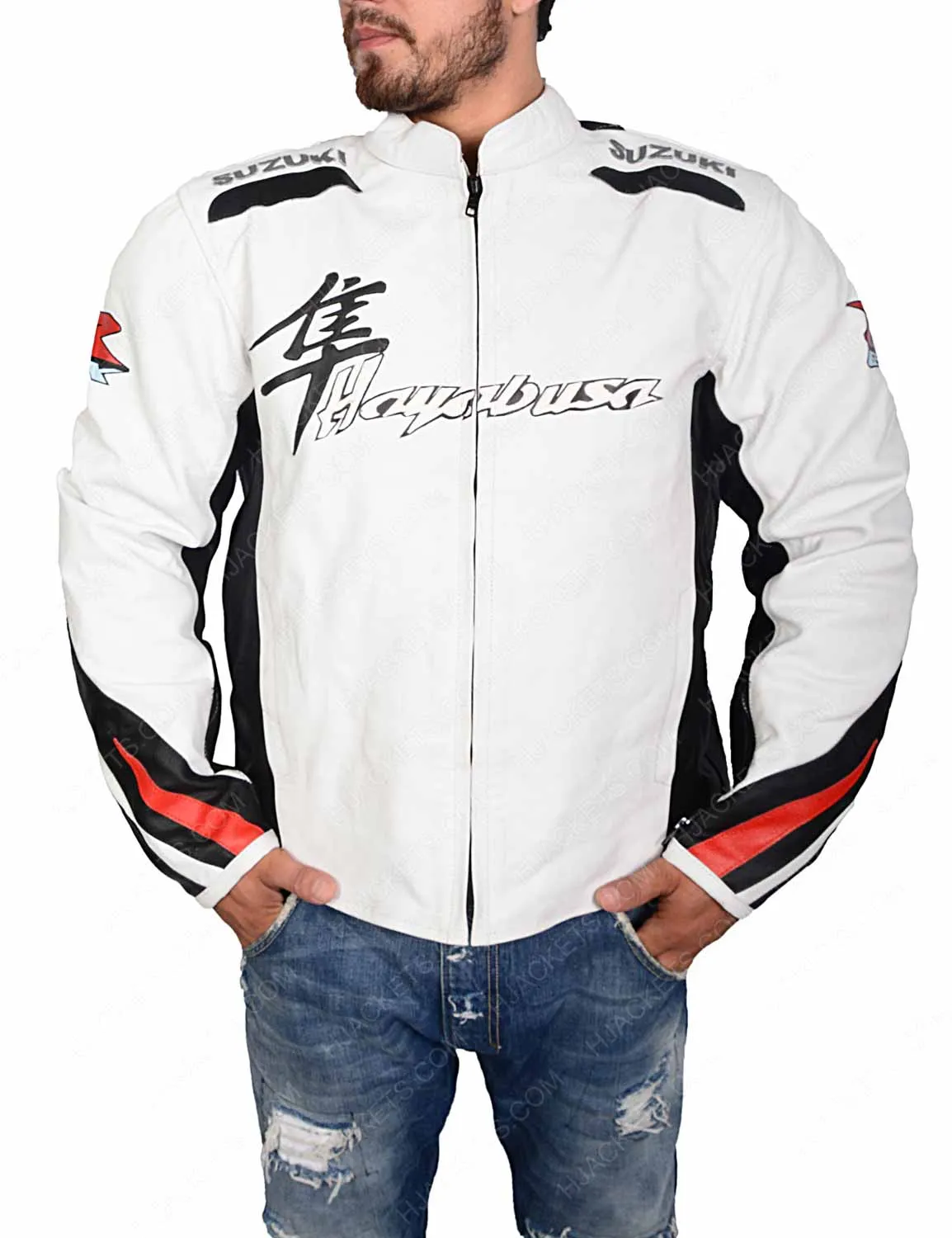 Suzuki Hayabusa White Leather Motorcycle Jacket