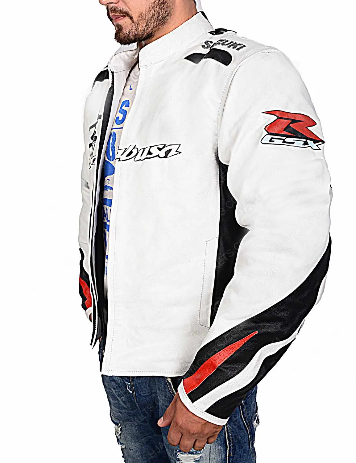 Suzuki Hayabusa White Leather Motorcycle Jacket