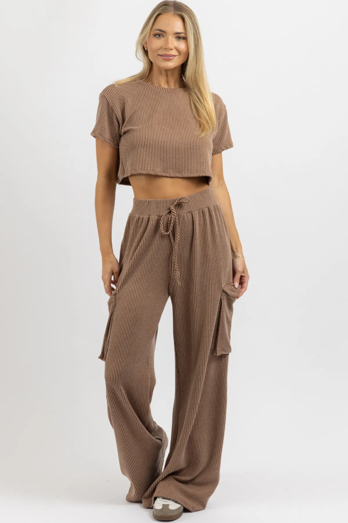 TOFFEE RIBBED CARGO PANT SET