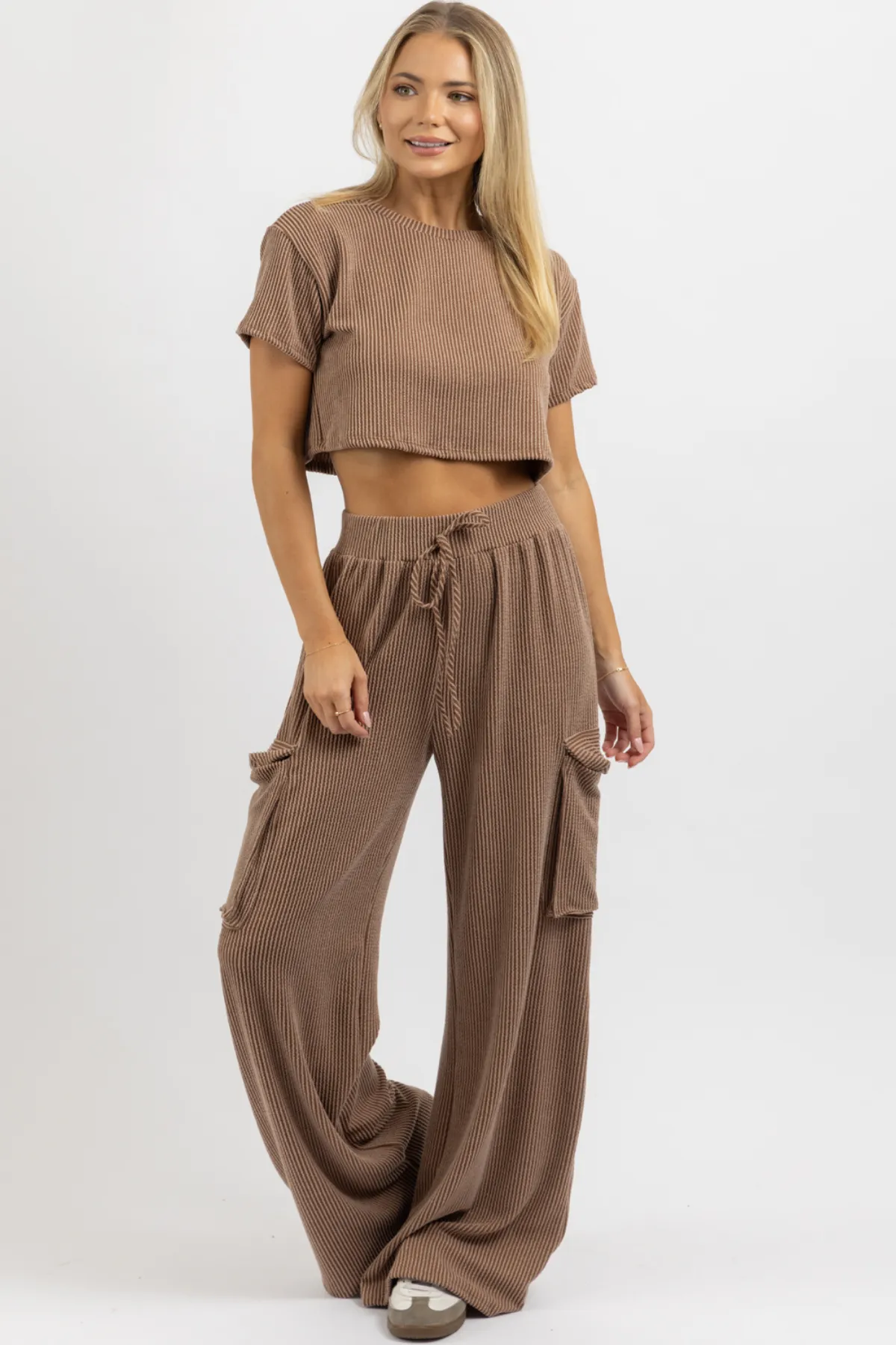 TOFFEE RIBBED CARGO PANT SET