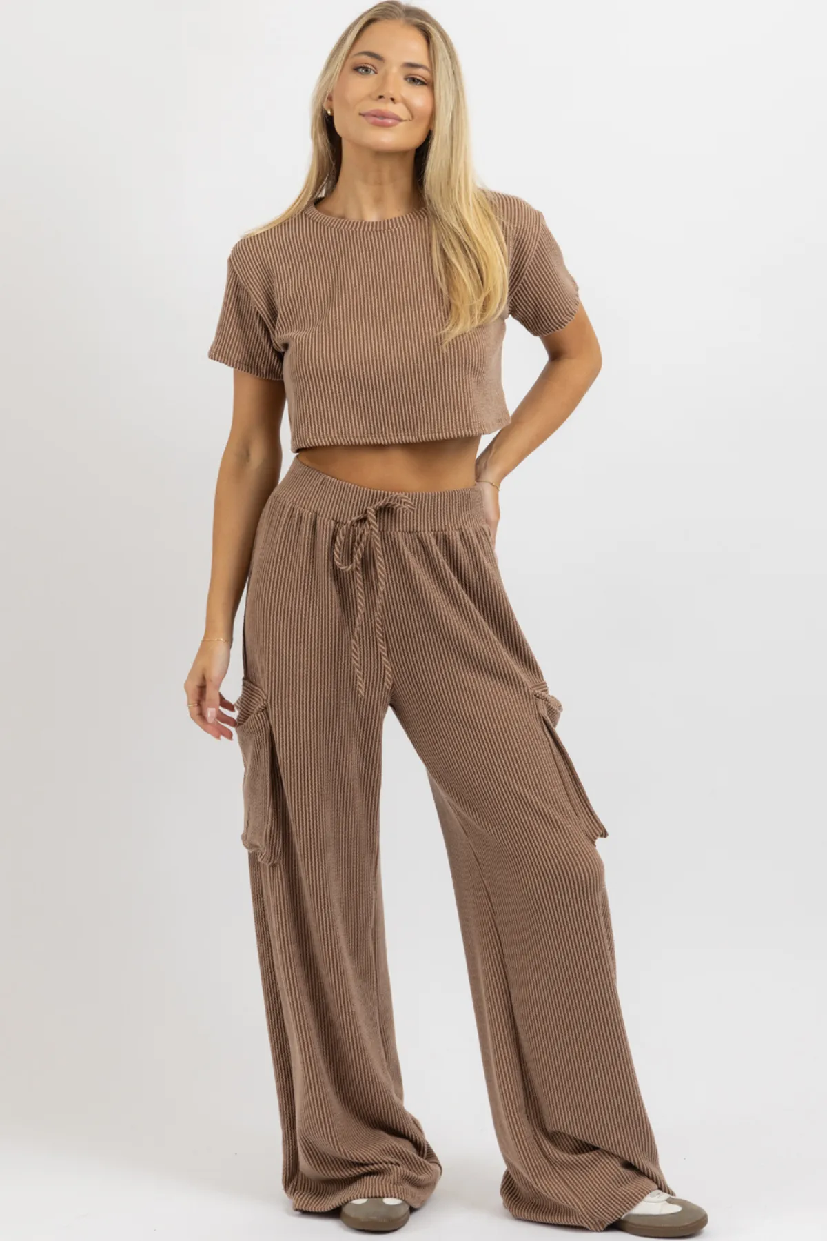 TOFFEE RIBBED CARGO PANT SET