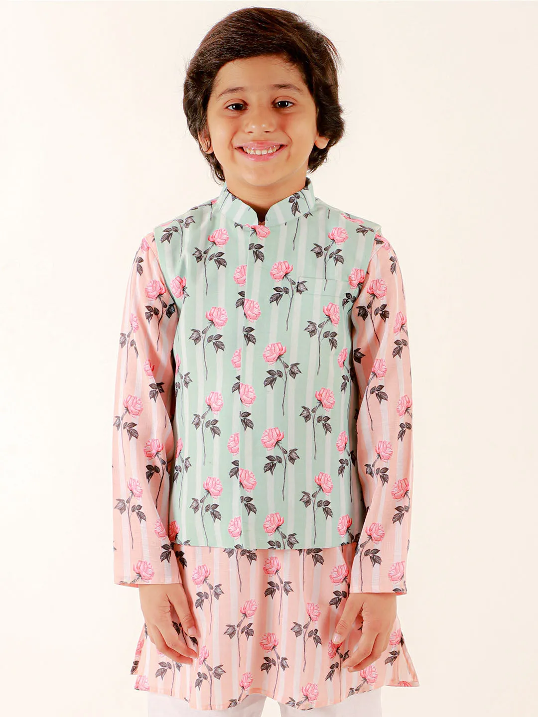 Vastramay Boys Peach Floral Printed Nehru Jacket