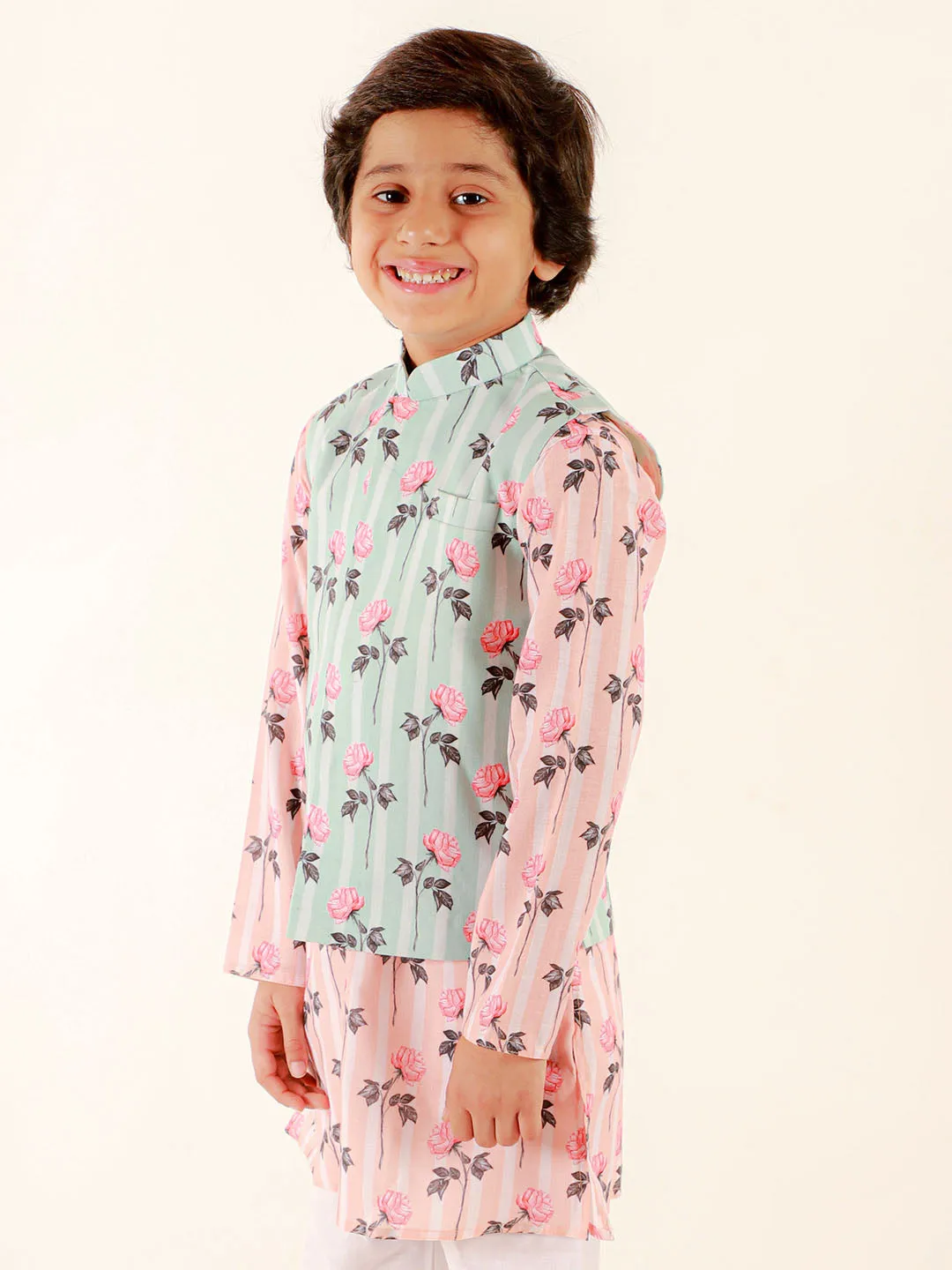 Vastramay Boys Peach Floral Printed Nehru Jacket