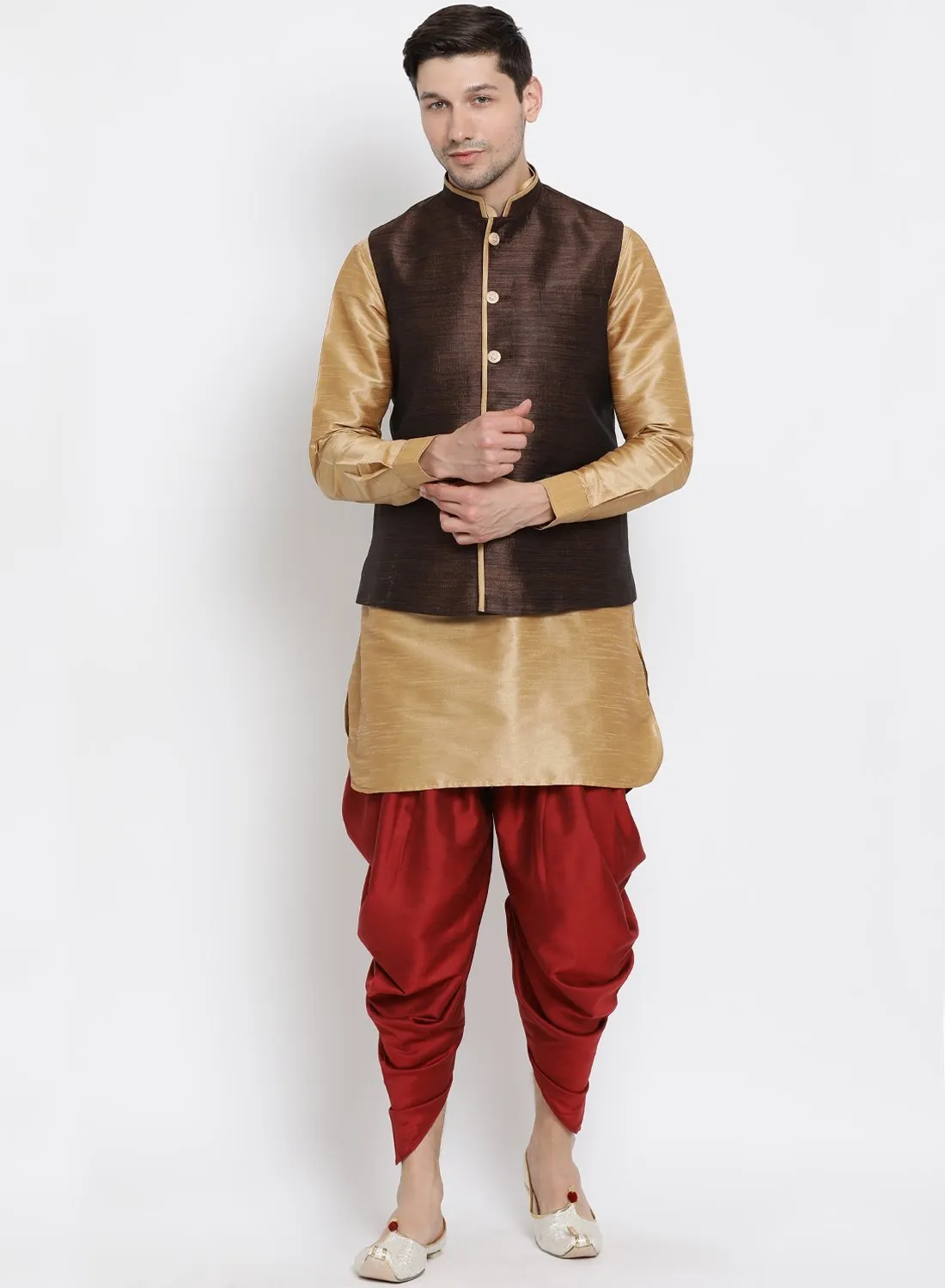 VASTRAMAY Men's Gold Cotton Silk Blend Ethnic Jacket, Kurta and Dhoti Pant Set