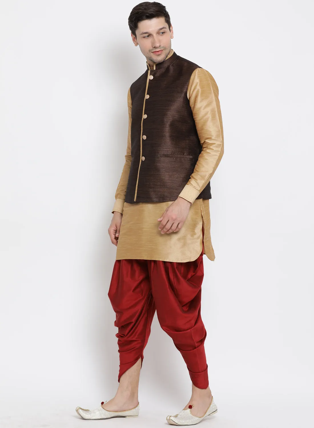 VASTRAMAY Men's Gold Cotton Silk Blend Ethnic Jacket, Kurta and Dhoti Pant Set