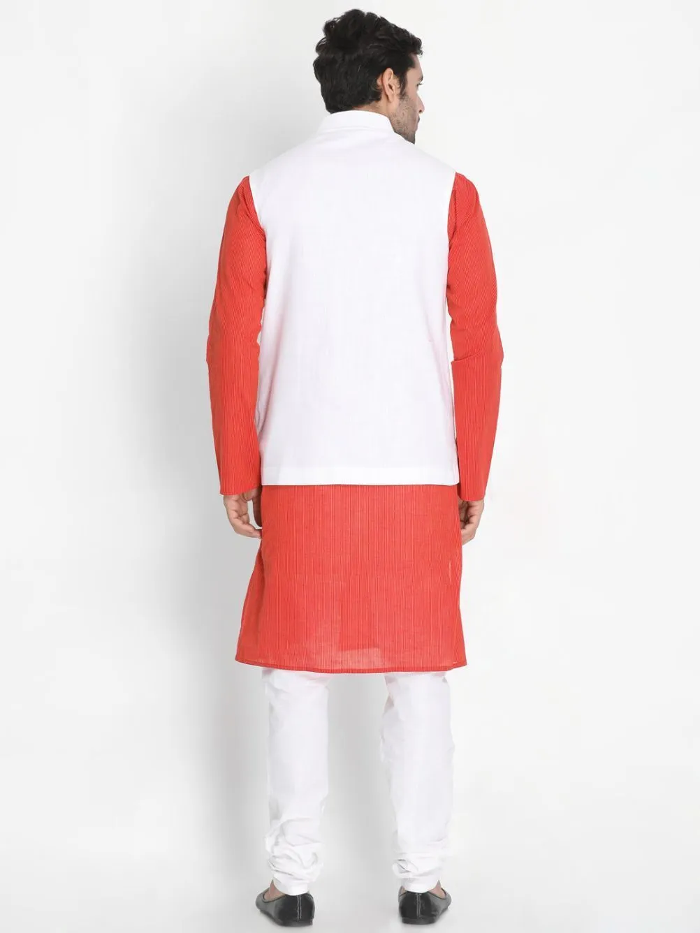 VASTRAMAY Men's Red Cotton Blend Kurta, Ethnic Jacket and Pyjama Set