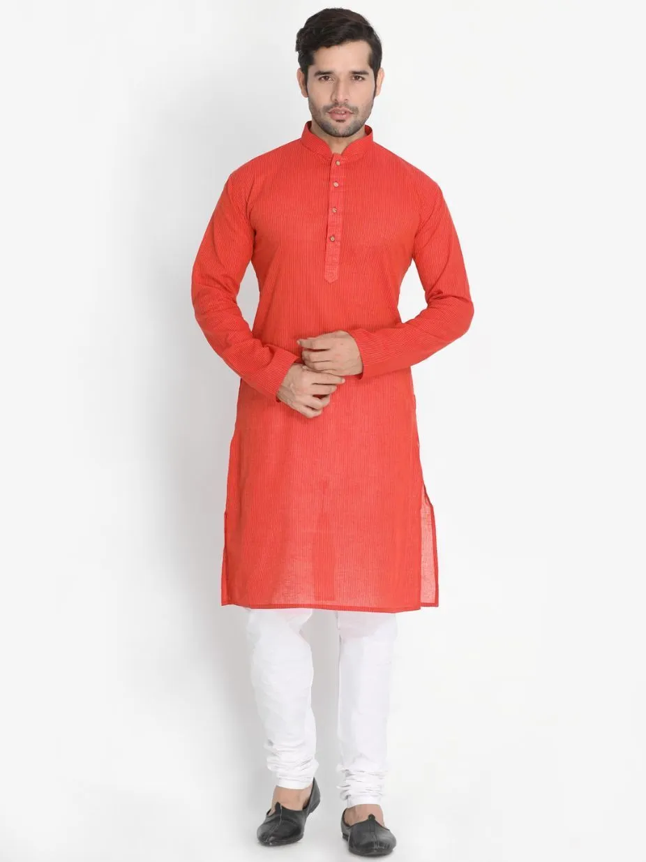 VASTRAMAY Men's Red Cotton Blend Kurta, Ethnic Jacket and Pyjama Set