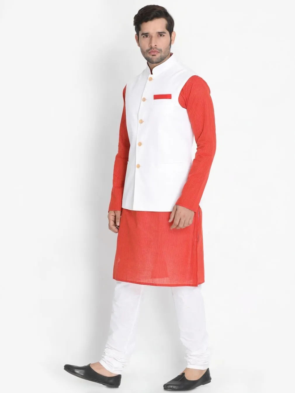 VASTRAMAY Men's Red Cotton Blend Kurta, Ethnic Jacket and Pyjama Set