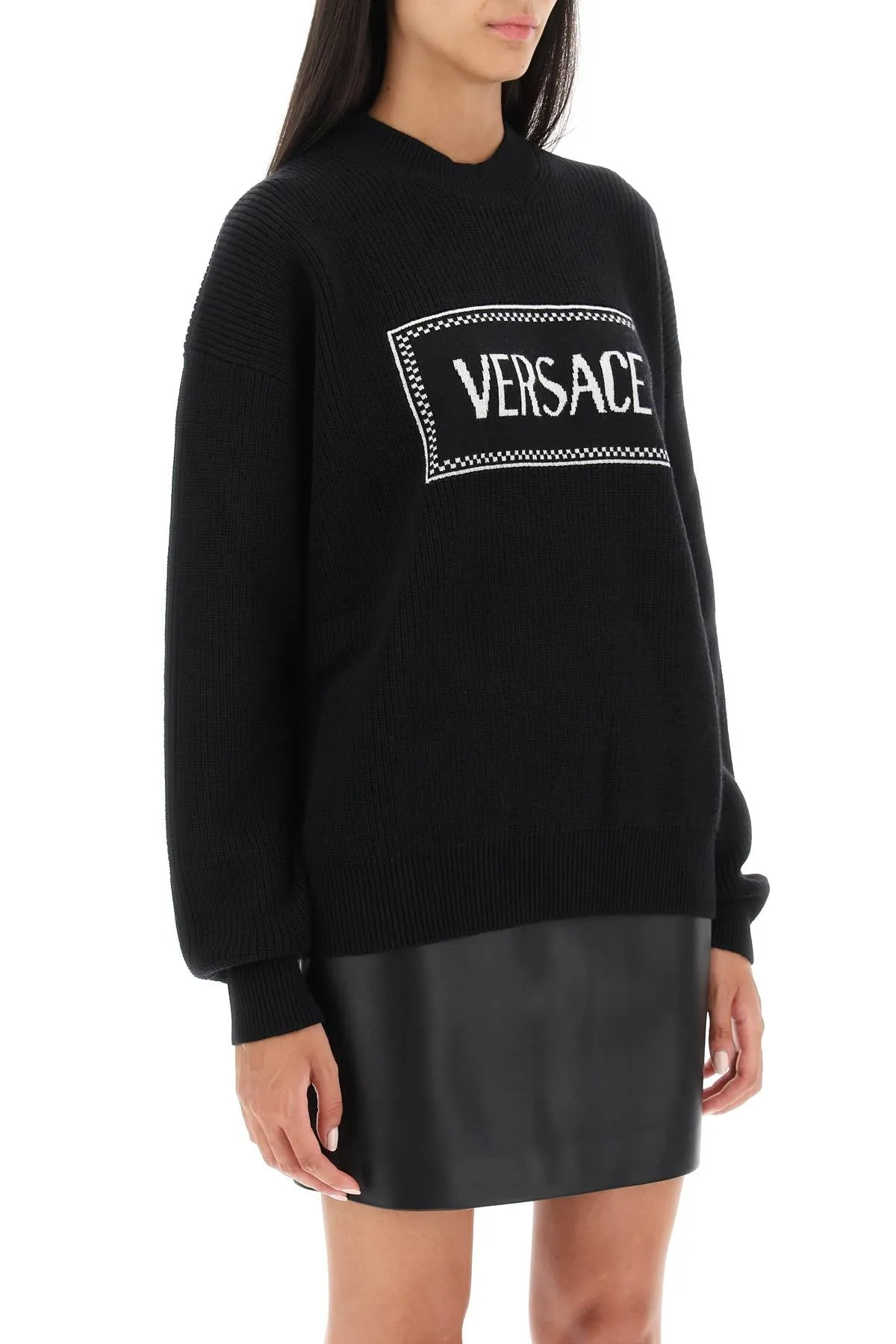 Versace crew-neck sweater with logo inlay 1011362 1A07842 BLACK WHITE