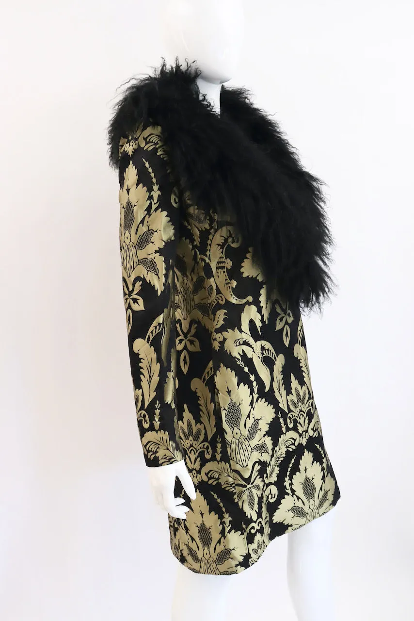 Vintage 80's VALENTINO Silk Coat Dress With Mongolian Lamb