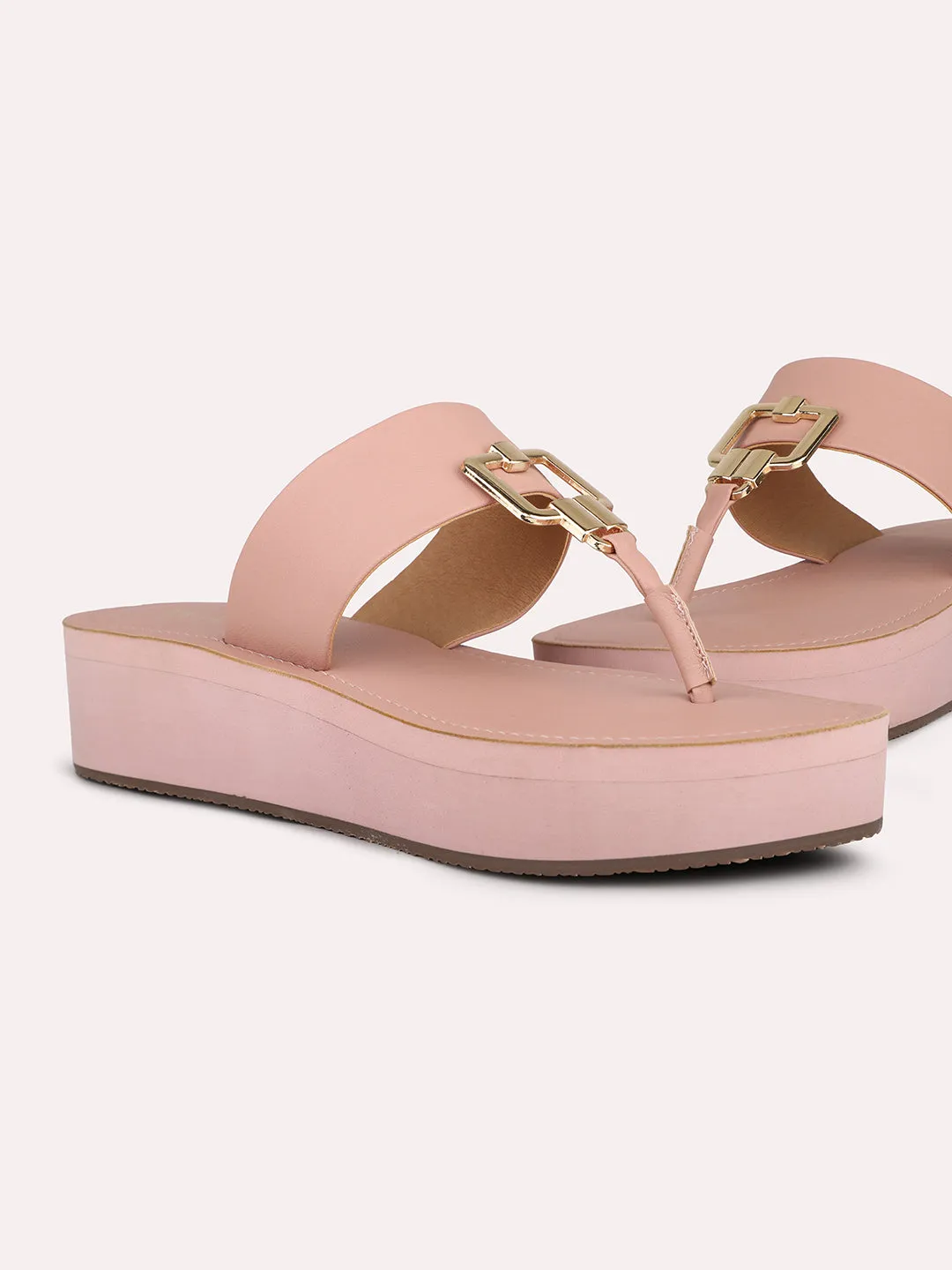 Women Peach T-Strape Open Toe Comfort Sandals with Buckles