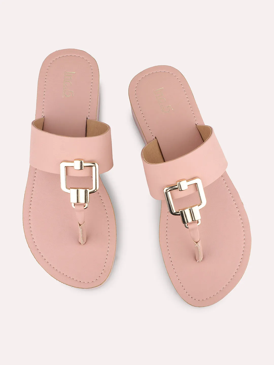 Women Peach T-Strape Open Toe Comfort Sandals with Buckles