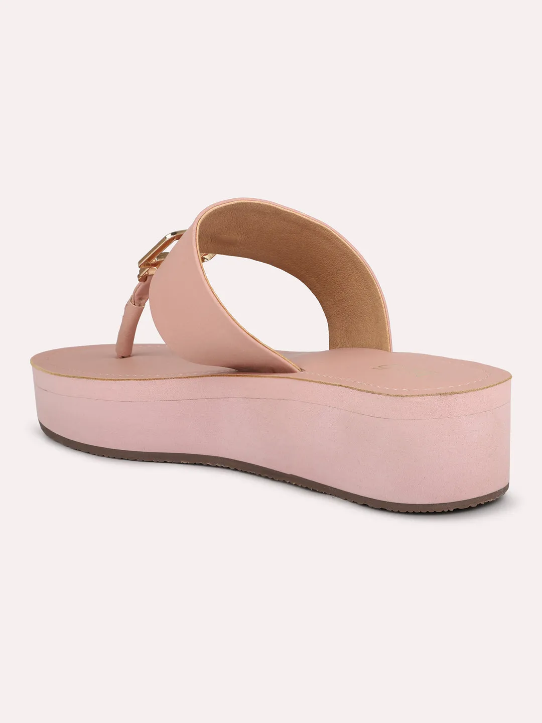 Women Peach T-Strape Open Toe Comfort Sandals with Buckles