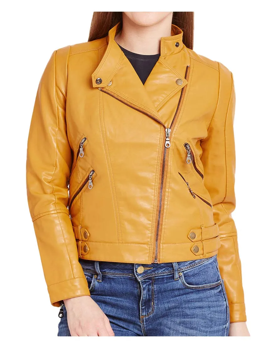 Women's Asymmetrical Zipper Yellow Motorcycle Jacket - UJackets