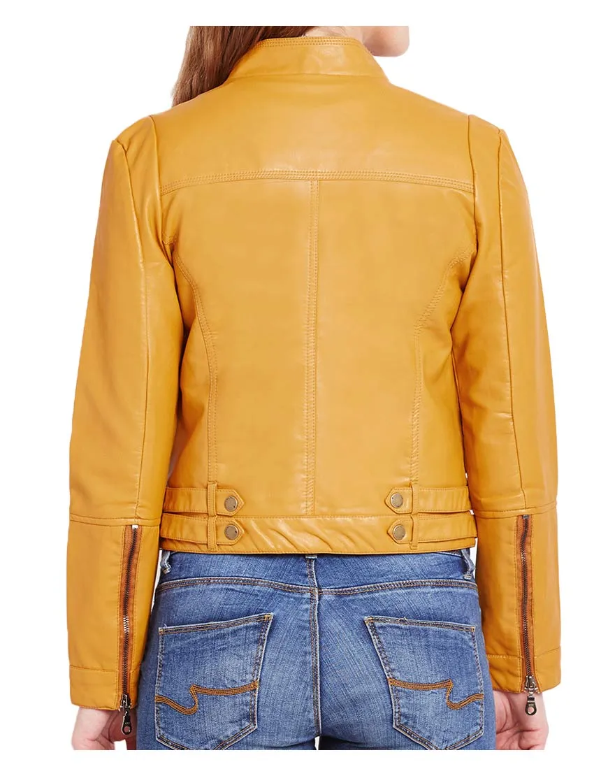 Women's Asymmetrical Zipper Yellow Motorcycle Jacket - UJackets