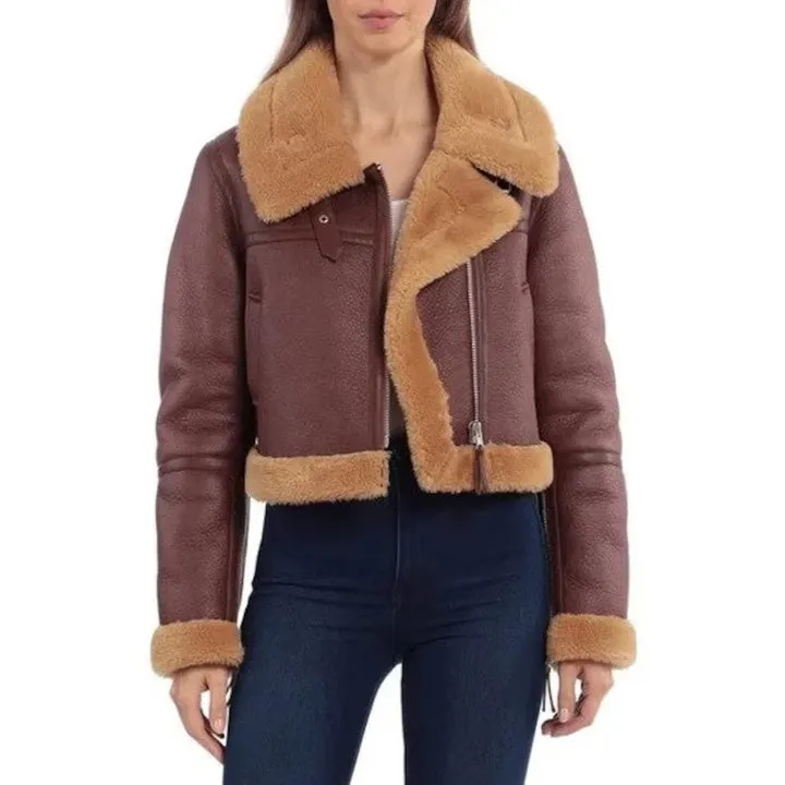 Women's B3 RAF Aviator Flight Jacket Shearling Bomber Fur Coat