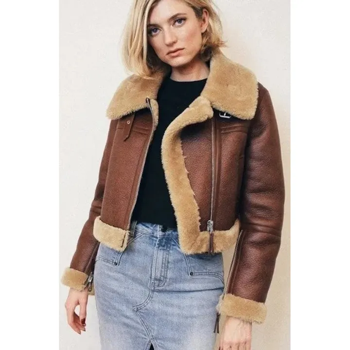 Women's B3 RAF Aviator Flight Jacket Shearling Bomber Fur Coat