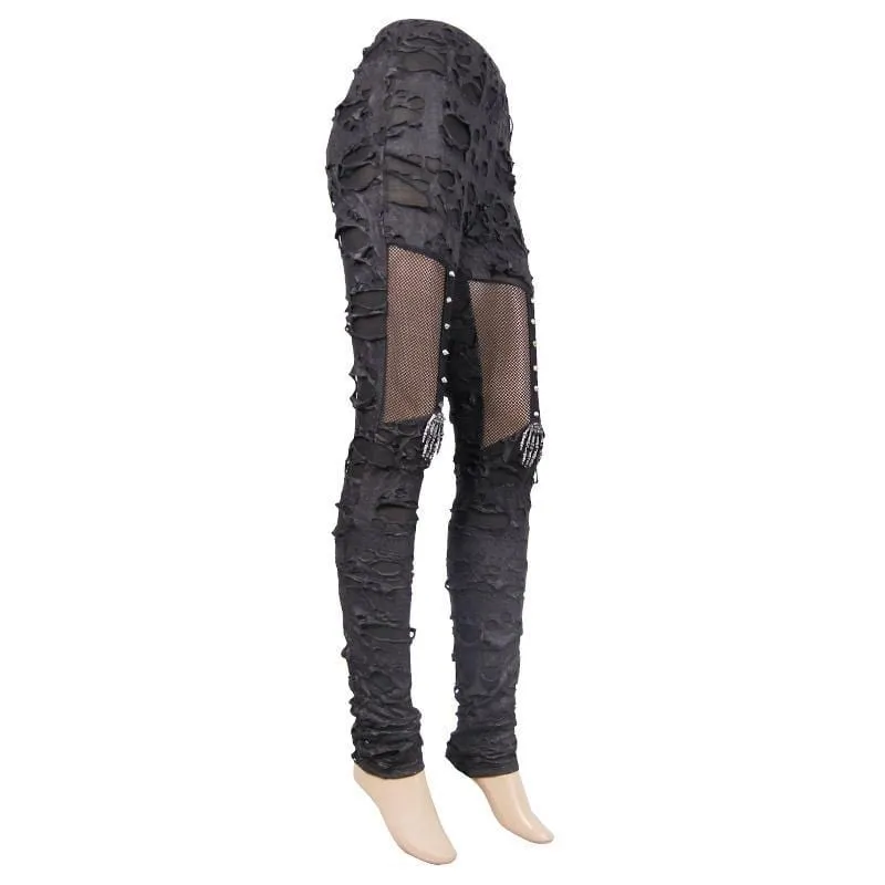 Women's Distressed Faux Leather and Mesh Goth Leggings With Skeletal Hand