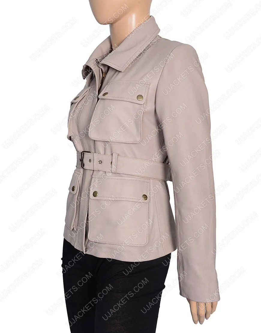 Womens Four Pocket Stone Color Leather Coat | Ujackets