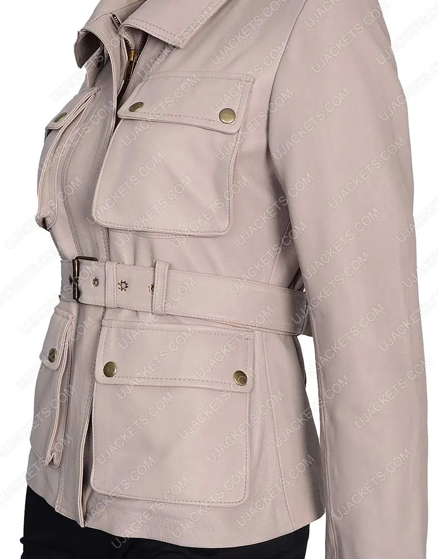 Womens Four Pocket Stone Color Leather Coat | Ujackets