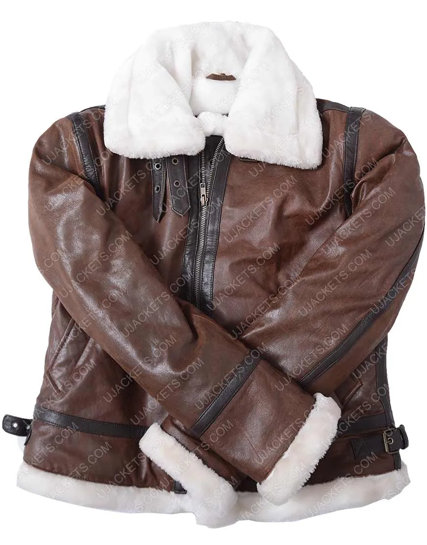 Womens Fur Collar Brown Distressed Aviator Jacket