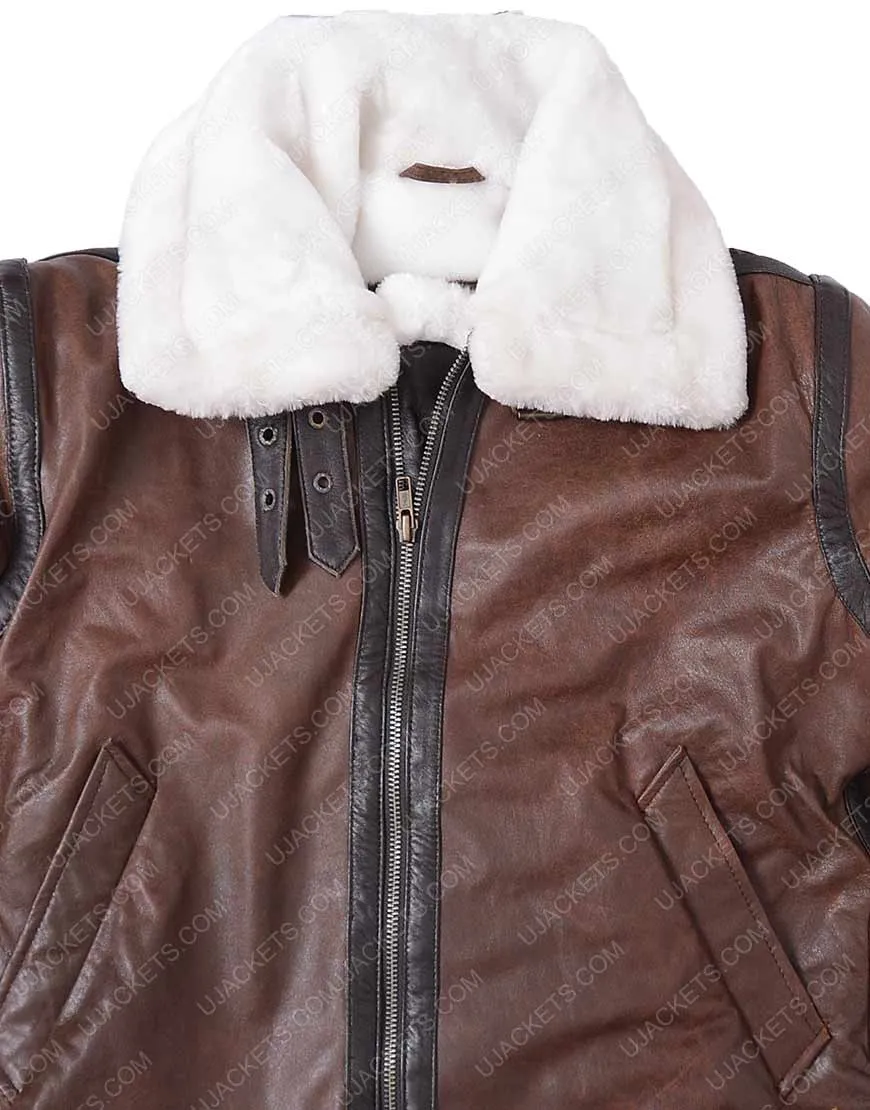 Womens Fur Collar Brown Distressed Aviator Jacket