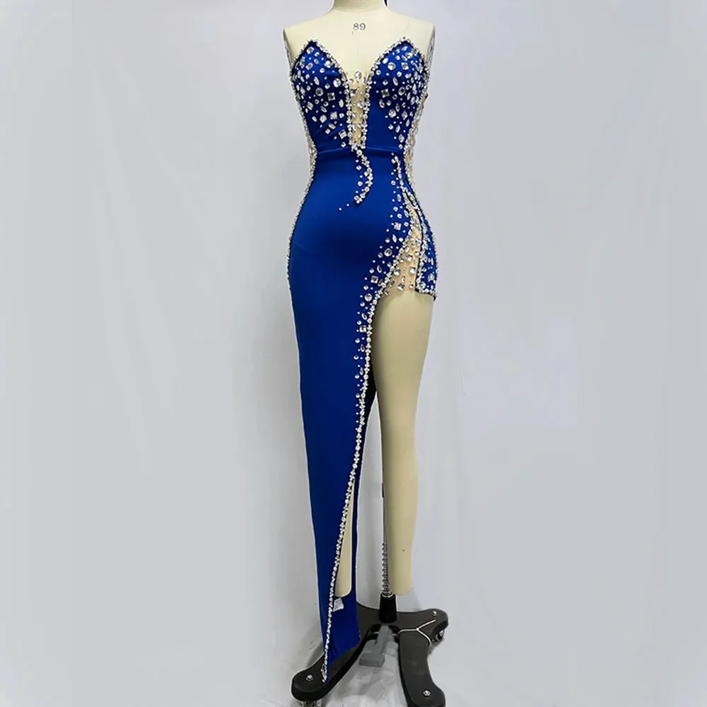 Women's Luxurious Diamond Decor Sexy Strapless Mesh Bodycon Bandage Dress