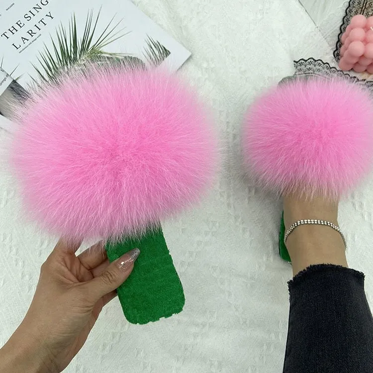 Women's Pink Sexy Casual Real Fur Slides Fluffy Flat House Slippers