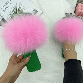 Women's Pink Sexy Casual Real Fur Slides Fluffy Flat House Slippers