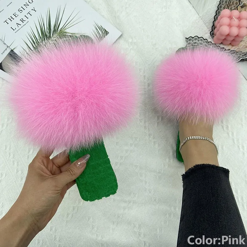 Women's Pink Sexy Casual Real Fur Slides Fluffy Flat House Slippers