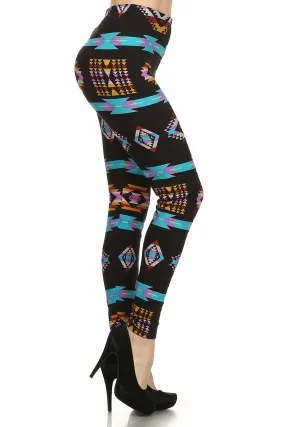 Women's Plus colorful Aztec Pattern Printed Leggings - Black Pink