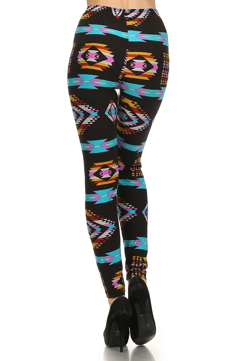 Women's Plus colorful Aztec Pattern Printed Leggings - Black Pink