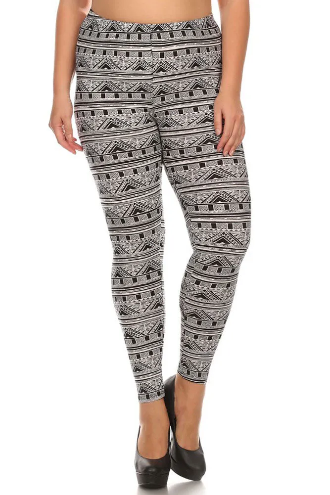 Women's Plus Gorgeous House Pattern Navajo Print Leggings - Grey Black