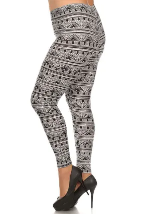 Women's Plus Gorgeous House Pattern Navajo Print Leggings - Grey Black