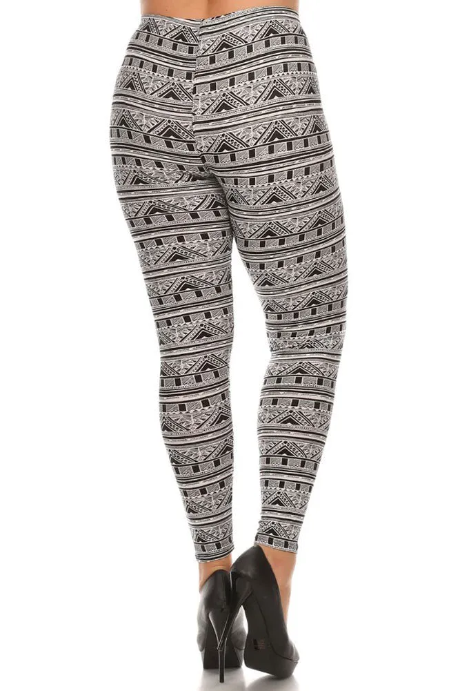 Women's Plus Gorgeous House Pattern Navajo Print Leggings - Grey Black