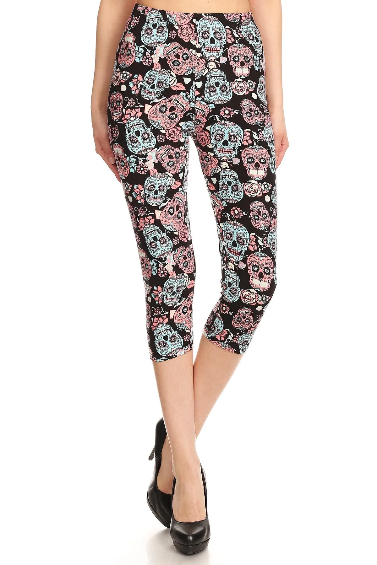 Women's Regular Black Sugar Skull Printed Cropped Capri Leggings