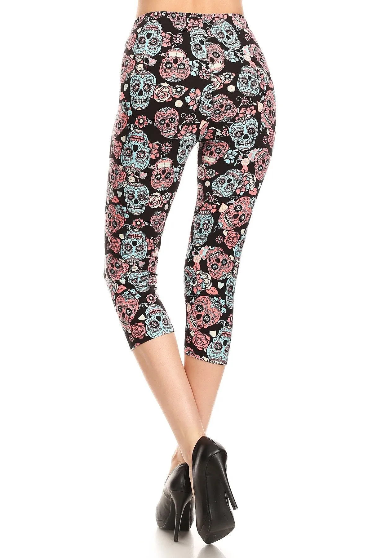 Women's Regular Black Sugar Skull Printed Cropped Capri Leggings