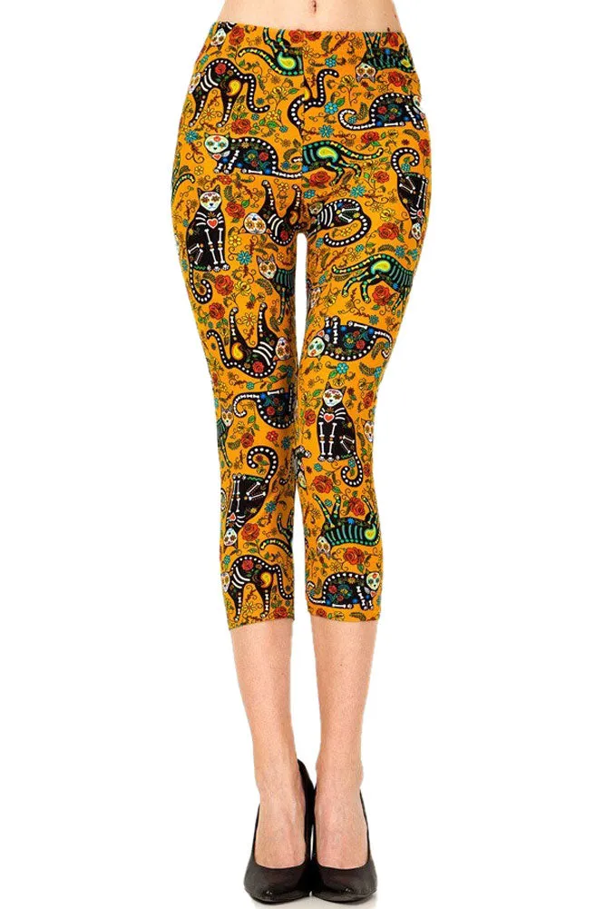 Women's Regular Cat Sugar Skull Printed Cropped Capri Leggings