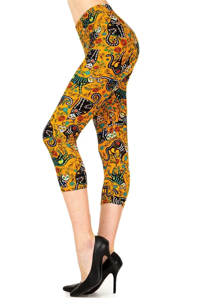 Women's Regular Cat Sugar Skull Printed Cropped Capri Leggings