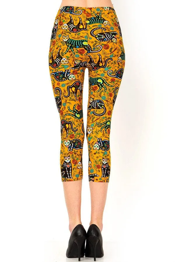 Women's Regular Cat Sugar Skull Printed Cropped Capri Leggings