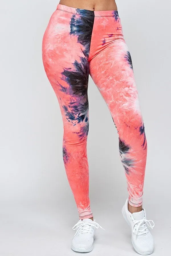 Women's Regular Colorful Tie Dye Printed Leggings - Coral Grey