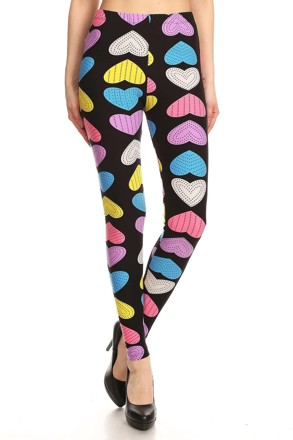 Women's Regular Pink Yellow Blue Big hearts Pattern Printed Leggings