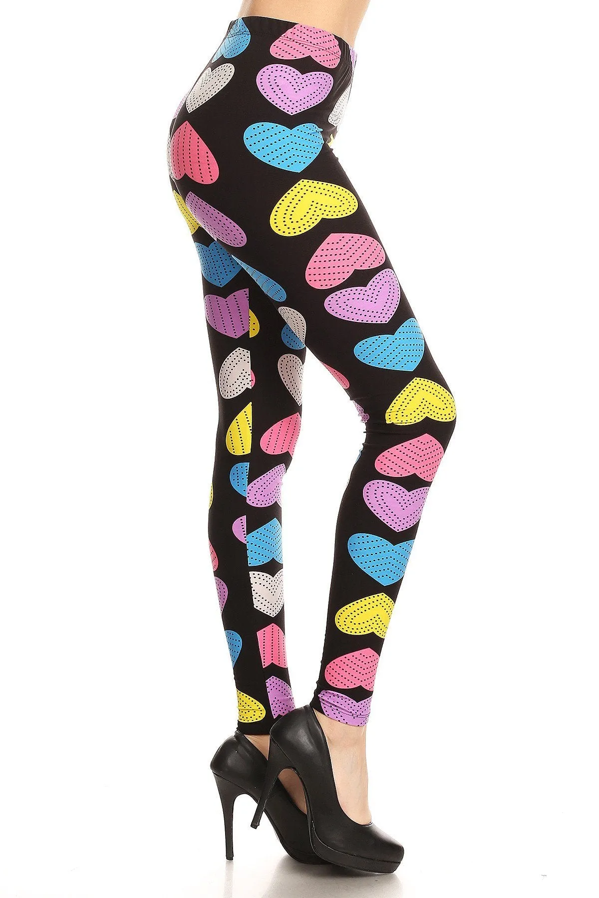 Women's Regular Pink Yellow Blue Big hearts Pattern Printed Leggings