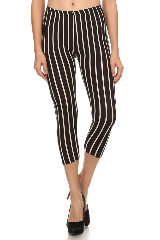 Women's Regular Vertical Striped Pattern Print Carpi Leggings - White Black