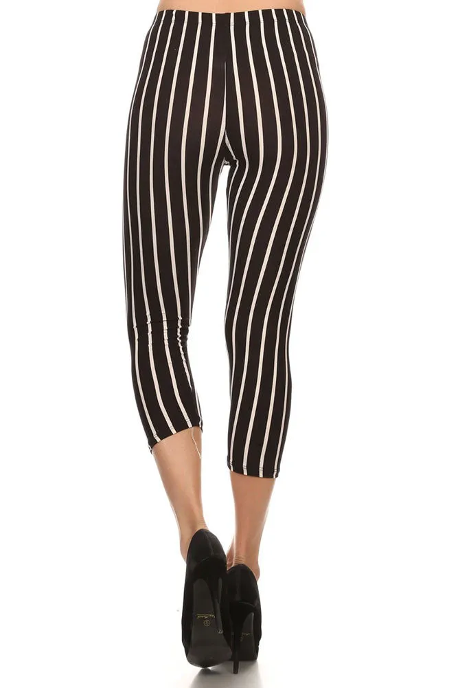 Women's Regular Vertical Striped Pattern Print Carpi Leggings - White Black