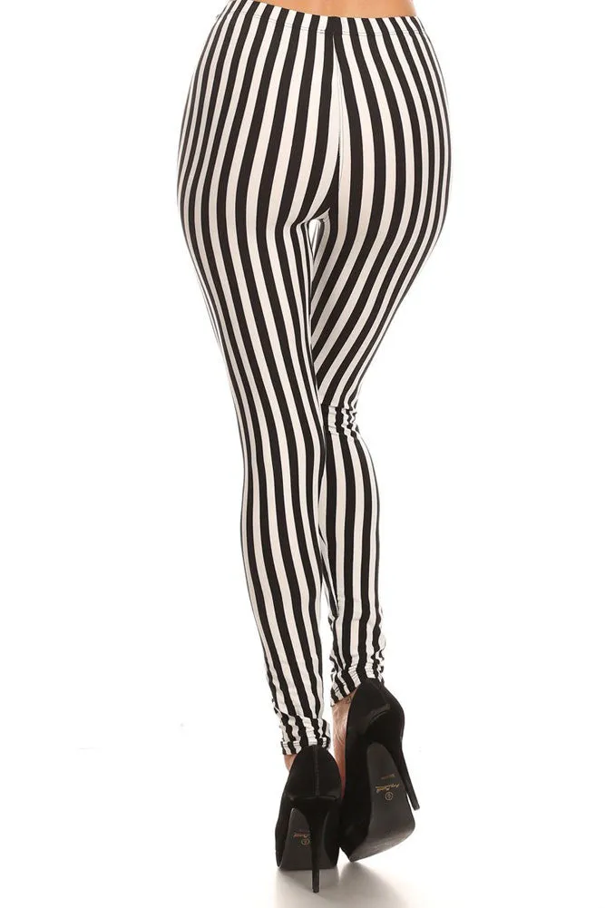 Women's Regular Vertical Striped Pattern Print Leggings - White Black - One Size / White Black