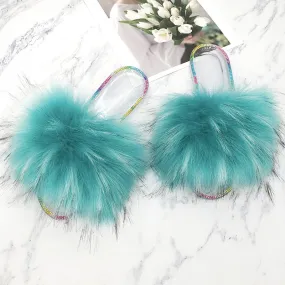 Women's Summer Lake Blue Synthetic Fur Slides O-Neck House Slippers