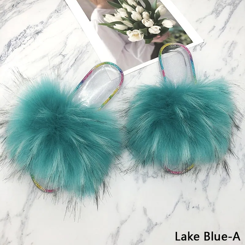 Women's Summer Lake Blue Synthetic Fur Slides O-Neck House Slippers