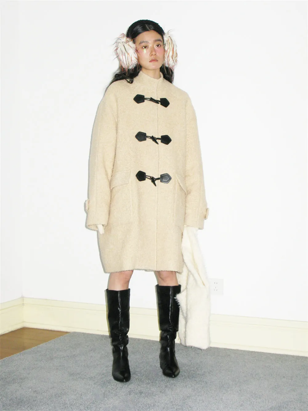 Wool Big-Pocket Toggle-Button Wool Retro Oversize Coat